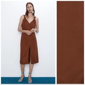 NWOT Zara Brown V-Neck Midi Dress